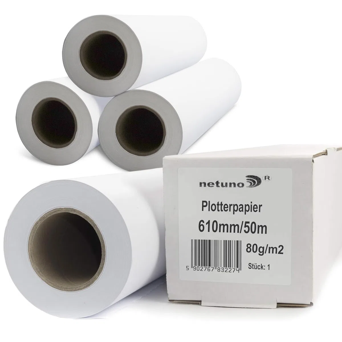 Netuno 4 rollos de papel blanco para plotter 610 mm x 50 m 80 g núcleo 50 mm papel mate universal para impresoras fotocopiadoras CAD planos de construcción dibujos técnicos carteles pósteres mapa