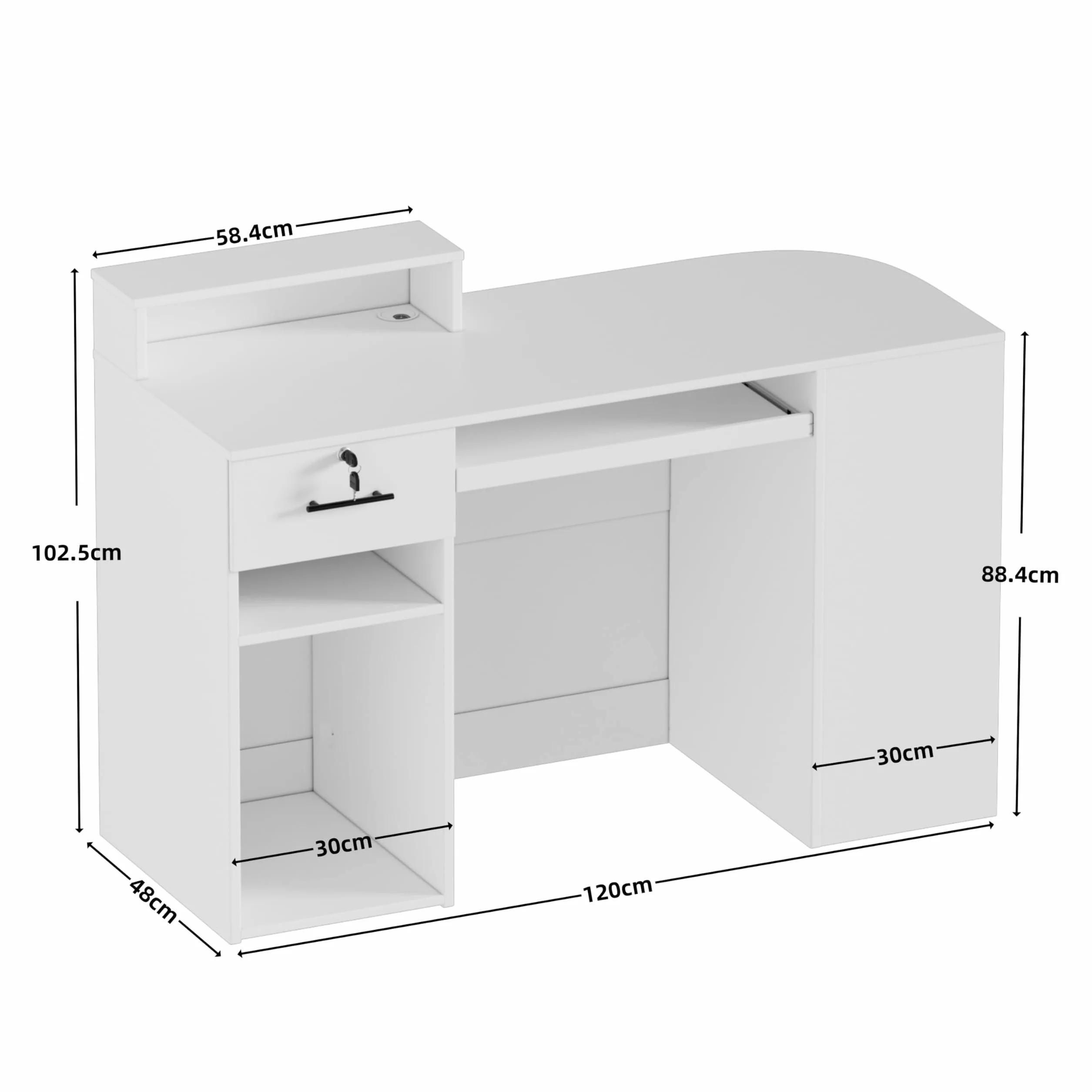 Mostrador de Recepción con LED, 120x102.5x48cm, Mostradores Recepcion Forma L con Cajón para Teclado | Cajón | Armario, Mostradores para Tiendas Escritorio de Recepción Moderno para Oficina, Salón