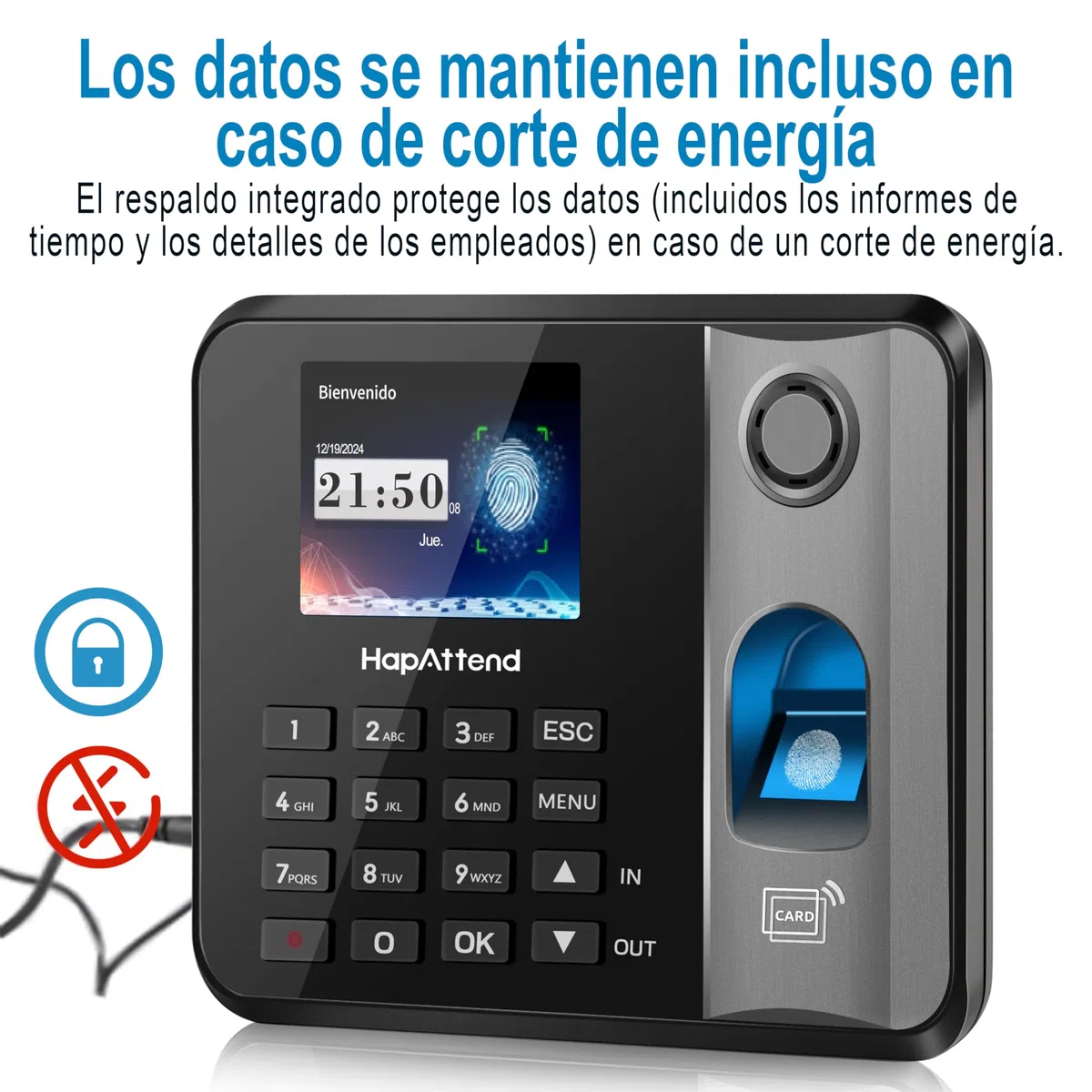 Control horario empleados, Español Reloj de fichar con Huella Dactilar, RFID Tarjetas, H1 Maquina de fichar empleados de hasta 3000 usuarios sin conexión Internet Negro Escáner