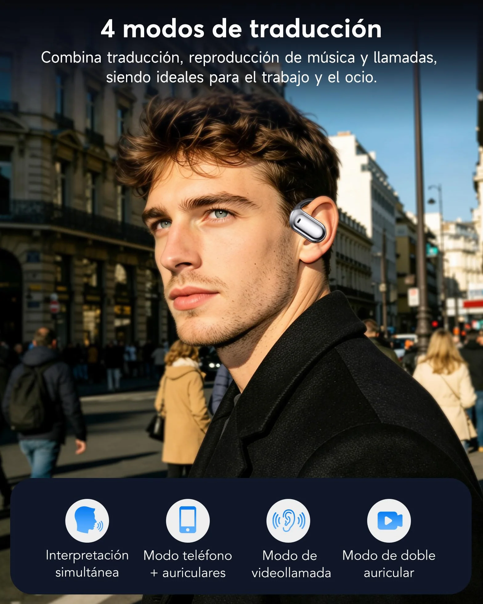 AI Auriculares Traductor en Tiempo Real, 8 Modos Traducción con 198 Idiomas, 3 en 1 Auriculares Traductores de Idiomas, 60H Cascos Oreja Abierta Bluetooth 6.1 para Viajes, Reuniones Negro mate