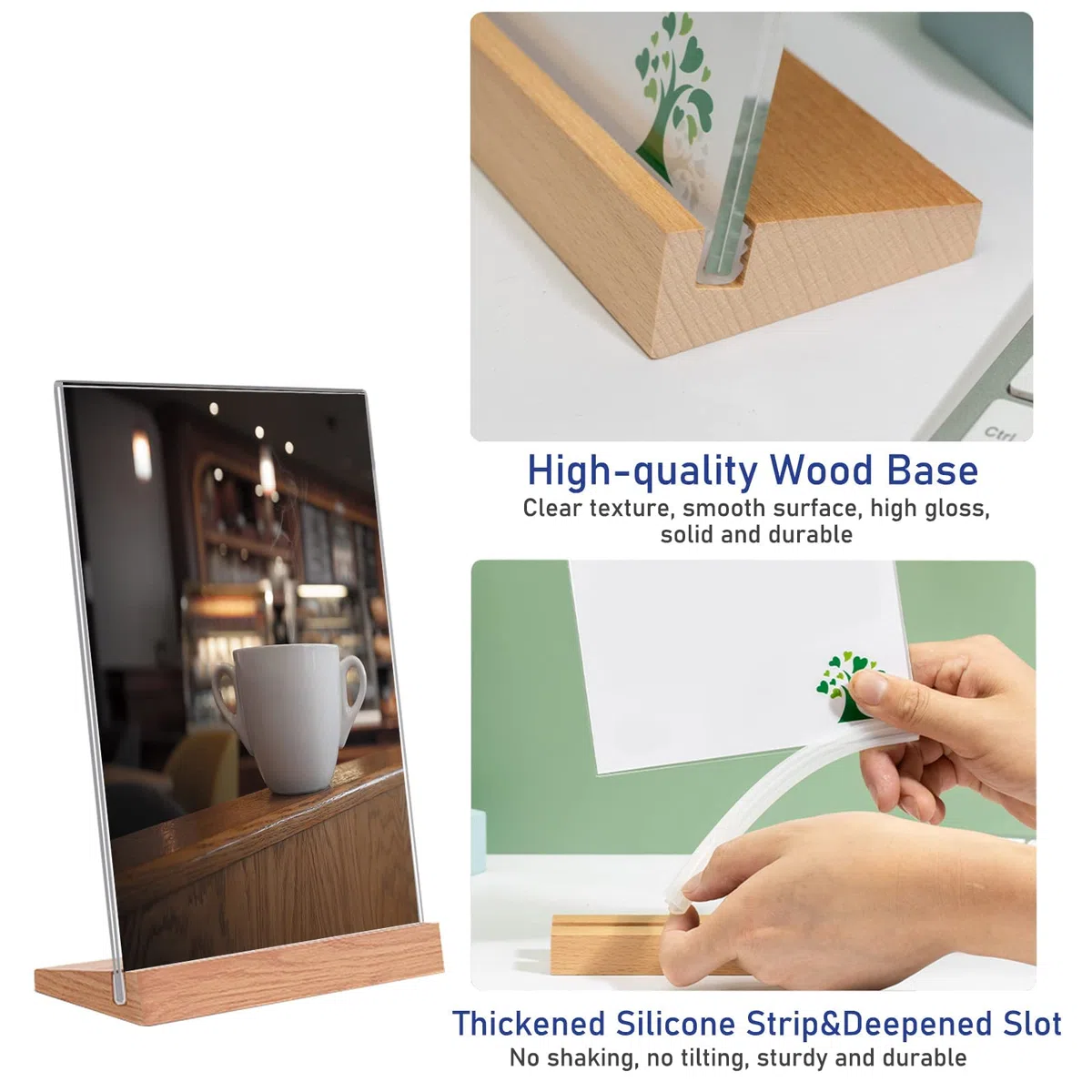 Soporte for letreros de acrílico doble cara con base madera | Transparente A4/A5/A6 3 piezas for exhibición de menús o letreros: Acrílico de doble cara con base de madera(A4(210x297mm))