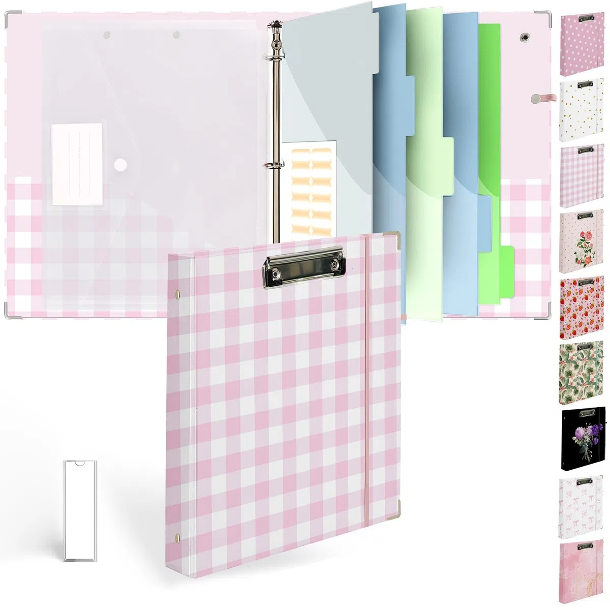 Carpeta de 3 anillas con portapapeles, diseño de cuadrícula rosa y blanca, incluye divisores, bolsa de archivos y etiqueta de lomo, ideal para estudiantes y profesionales
