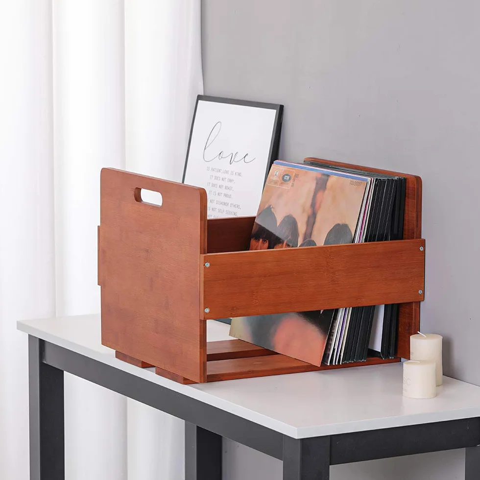 Caja de Almacenamiento para Discos de Vinilo Vintage Bambú Capacidad 80 LP Álbumes Marrón Oscuro
