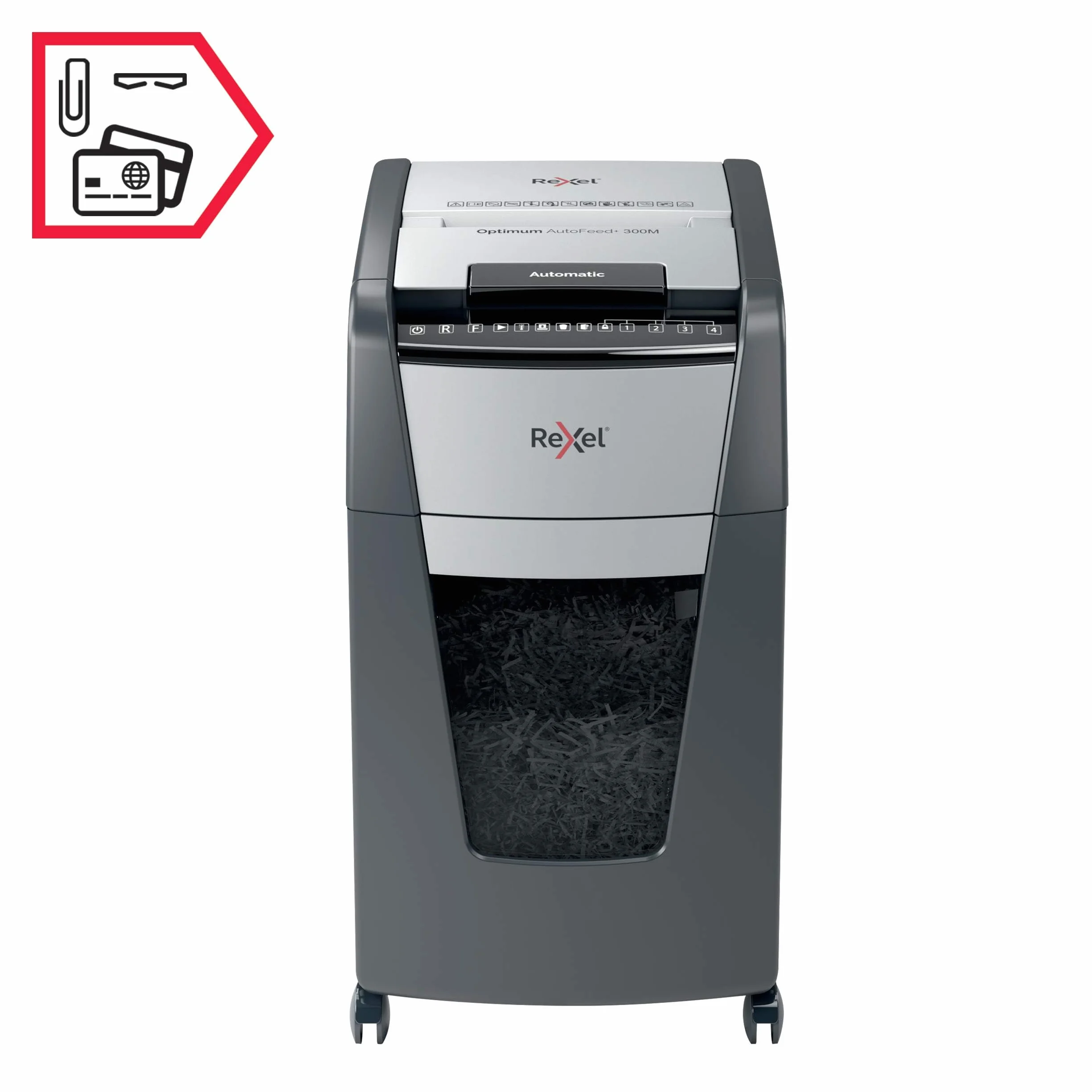 Rexel 2020300MEU - Destructora de Papel Automática Optimum AutoFeed 300M, Microcorte P-5 (2x15 mm), 300 Hojas A4, Papelera Extraíble 60L, Destruye Grapas y Clips, Uso en Oficina, Hasta 10 Usuarios