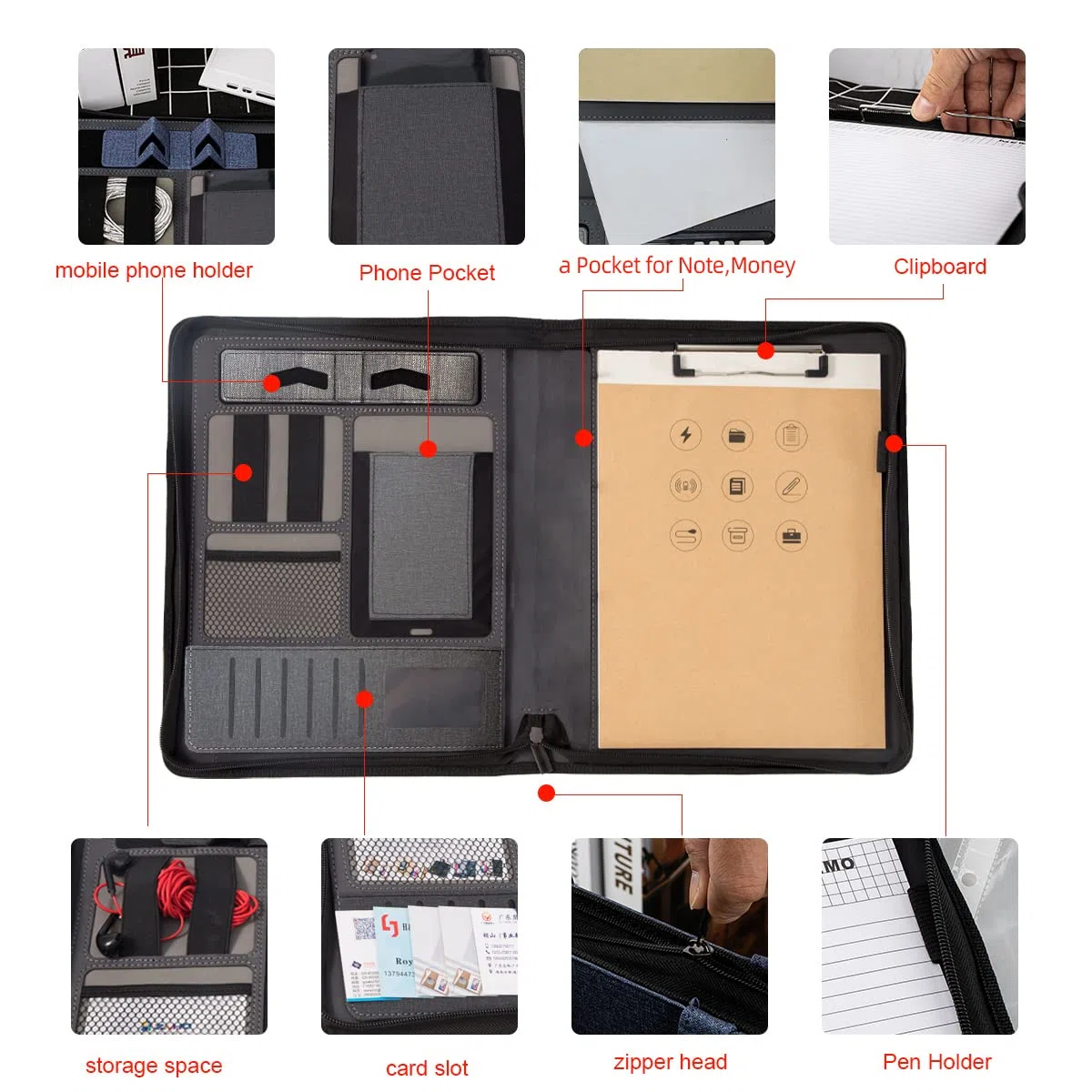 Portafolio de cuero con [cremallera] [asa] [carpeta de 4 anillos] y [portapapeles), organizador de conferencias de negocios para mujeres/hombres (Gris claro, Without Calculator)