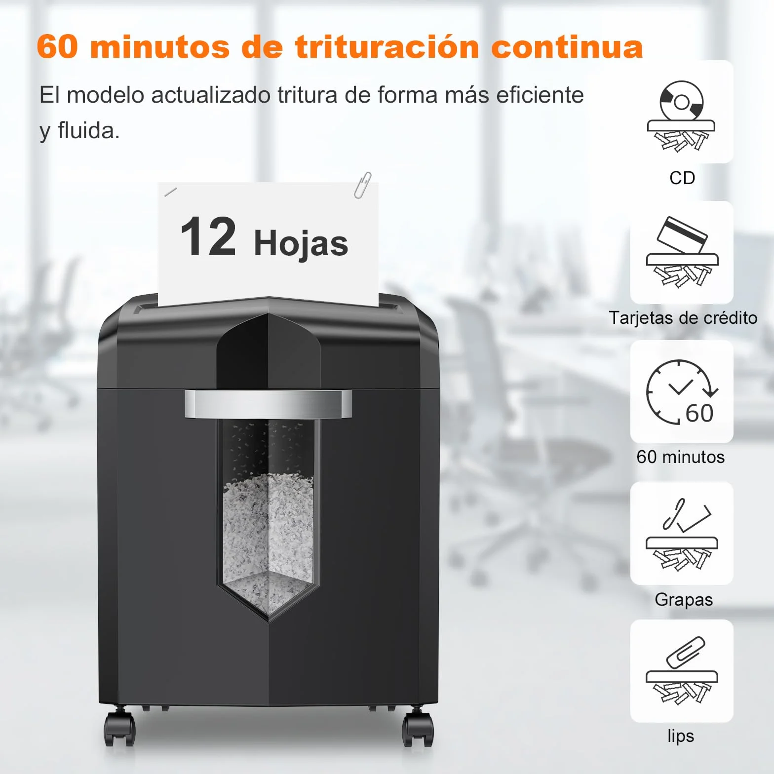 Bonsaii Trituradora de Papel/CD/Tarjeta de crédito para Oficina en casa, trituradora de microcorte, 12 Hojas, trituradora Funciona Durante 60 Minutos, con 4 Ruedas y Papelera de 16 litros (C266-B)