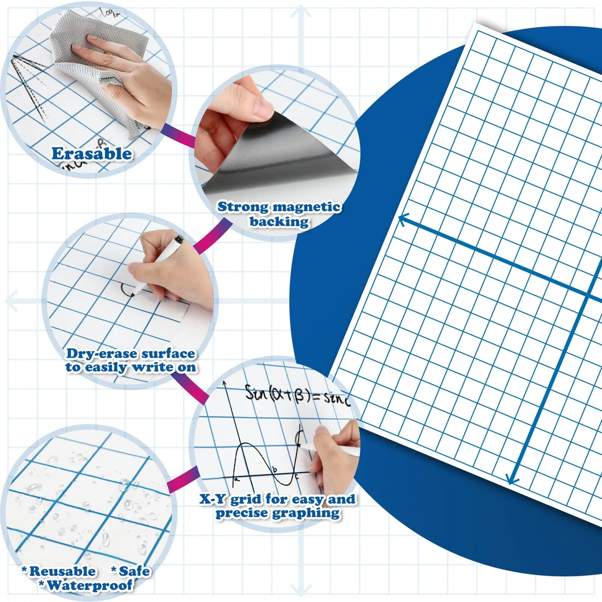 Aizweb Jumbo, cuadrícula magnética XY de borrado en seco, tablero gráfico de 66 x 66 cm para suministros de aula escolar, pizarra blanca magnética con mostradores, manipuladores de matemáticas para la