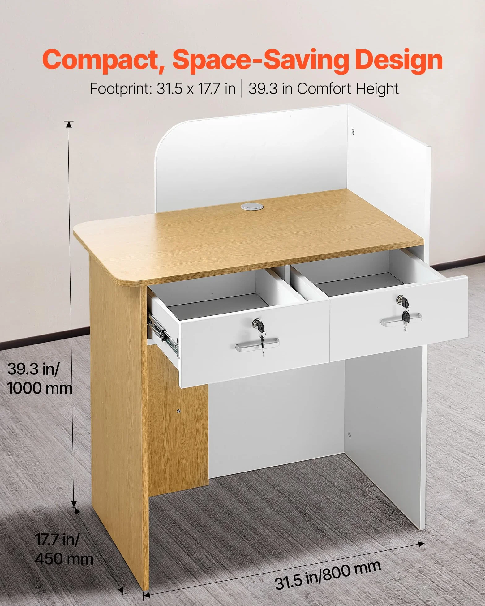 VEVOR Mostrador de Recepción 80 x 45 x 100 cm Mesa con Luz LED y 2 Cajones
