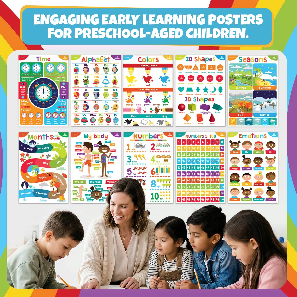 Sproutbrite Carteles educativos para niños pequeños, decoraciones de aula, materiales de suministros de escuela en casa de jardín de infantes, decoración de aprendizaje preescolar, póster ABC, 11