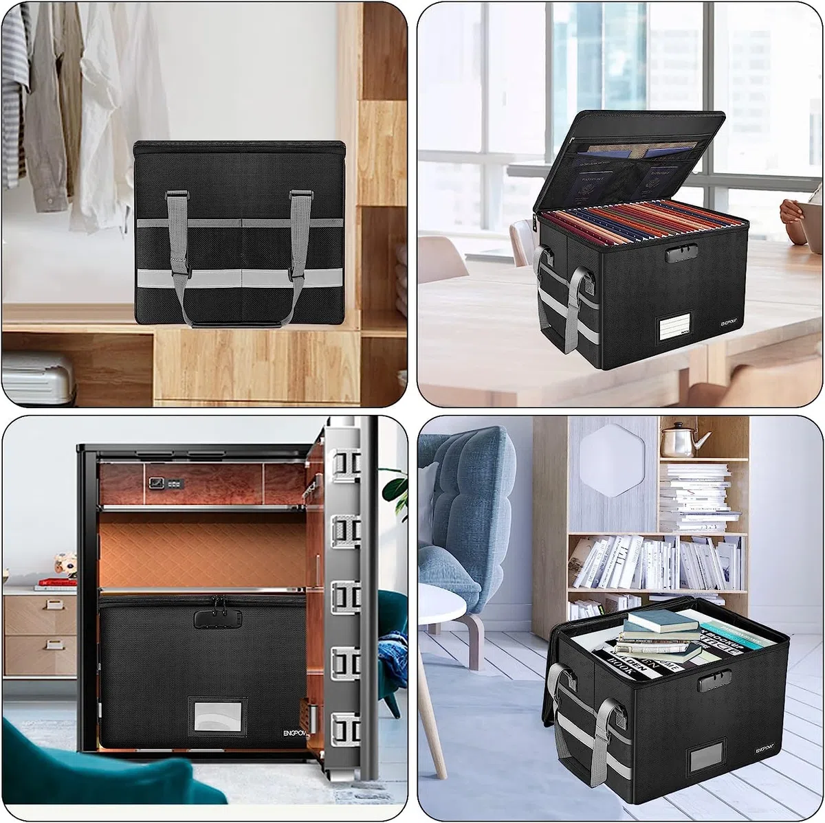 ENGPOW Caja de documentos ignífuga de 39,5 x 34 x 25,5 cm, caja de almacenamiento de archivos con cerradura, plegable, organizador de archivos con tapa, portátil, caja de seguridad para colgar