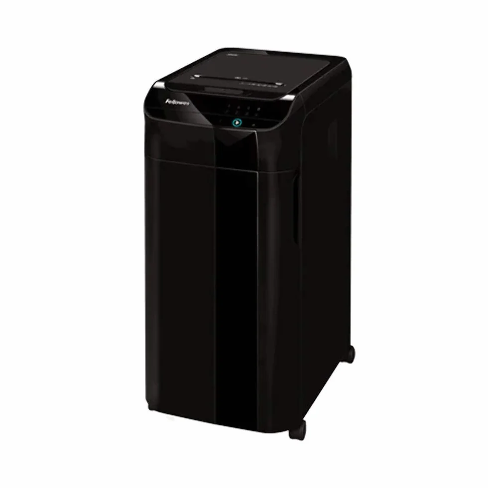 Fellowes Automax™ 350C - Destructora trituradora de papel automática, corte en partículas de 4x38 mm (DIN P-4), destruye hasta 350 hojas, hasta 5 usuarios en la oficina, papelera de 68L, destruye CD