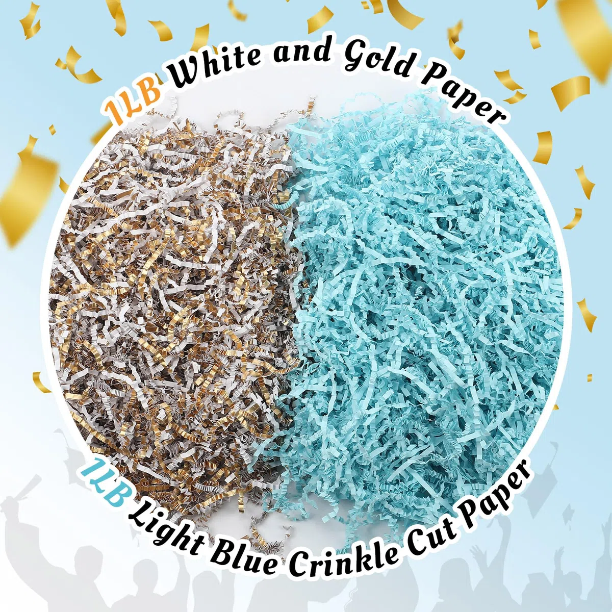 Papel de corte arrugado de 2 libras para cestas de regalo, papel triturado para caja de regalo, papel de rafia azul claro y dorado para embalaje de graduación para fiestas, cumpleaños