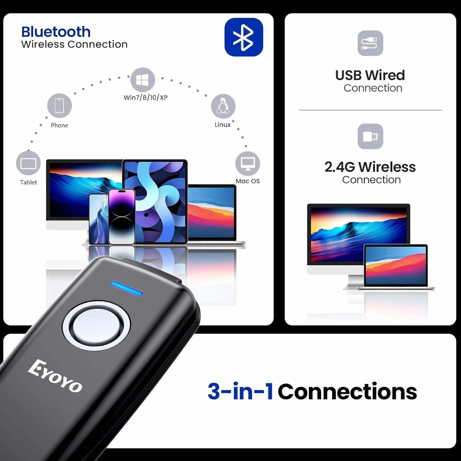 Eyoyo Mini 1D Bluetooth escáner de código de Barras inalámbrico, con botón de Encendido/Apagado, 1500mAh batería Recargable, portátil CCD códigos de Barras Lector Compatible con Windows, Mac, Android