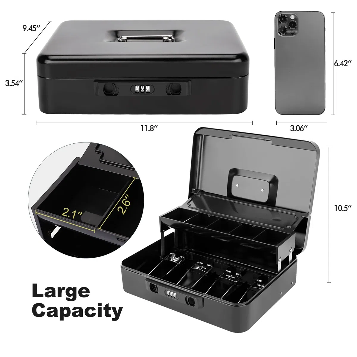 Caja de dinero con cerradura de combinación de cierre a presión y tapa deslizante para monedas, caja de dinero segura con bandeja para dinero y cerradura, caja de dinero segura duradera para