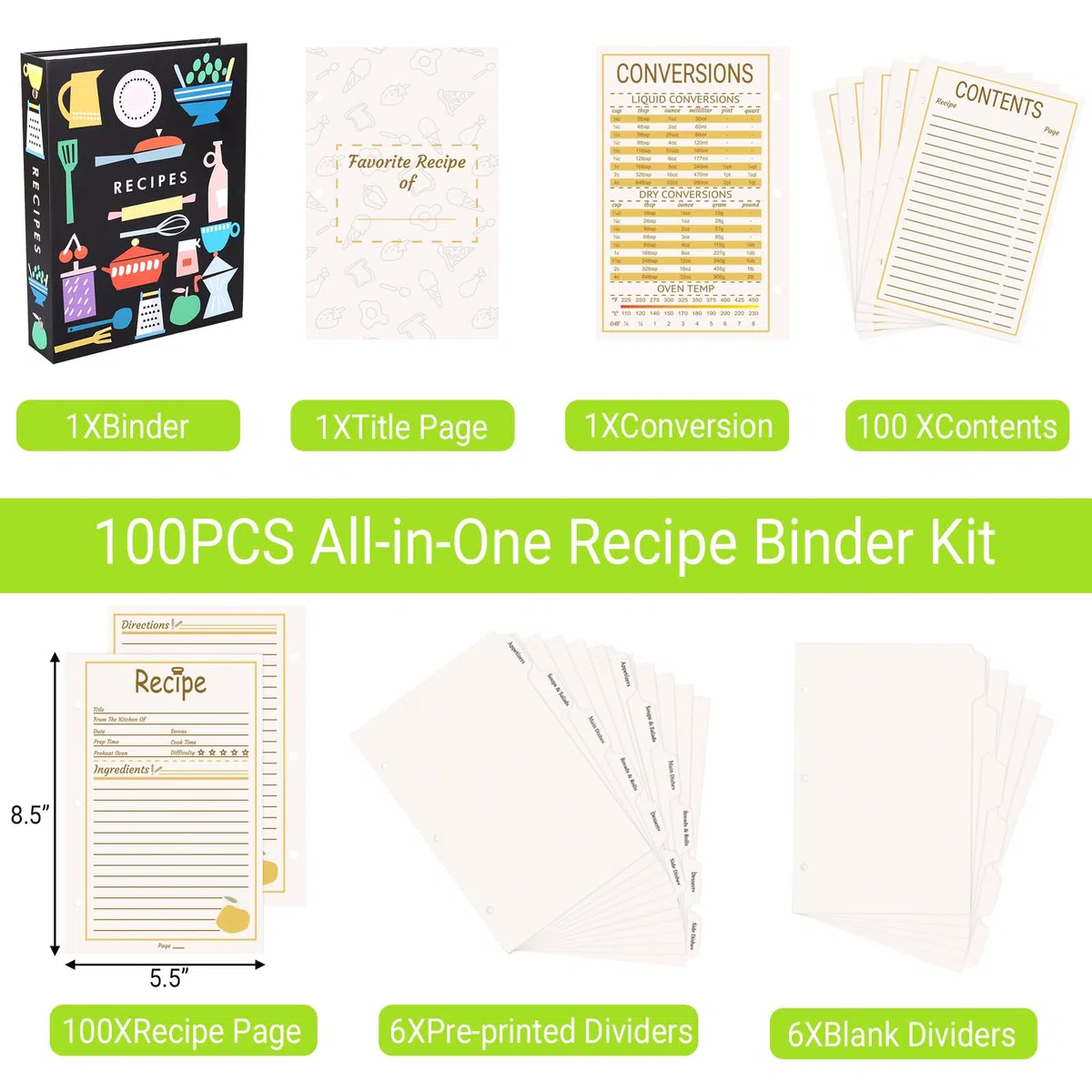 YBCPACK Juego de carpetas de recetas de 3 anillos A5, 1 paquete de libro de recetas de 9 x 7 pulgadas para escribir en tus propias recetas, cuaderno de recetas incluye 100 páginas de recetas (5.5 x