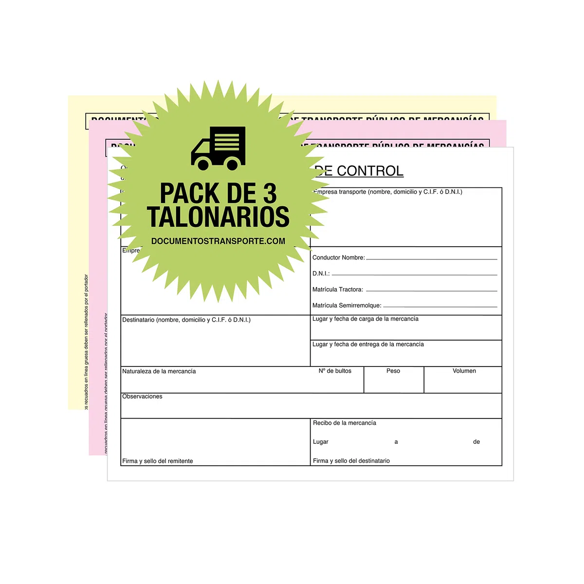 Pack 3 Talonarios CARTA DE PORTE NACIONAL, Tamaño A5 - Autocopiativos, 3 Copias numeradas