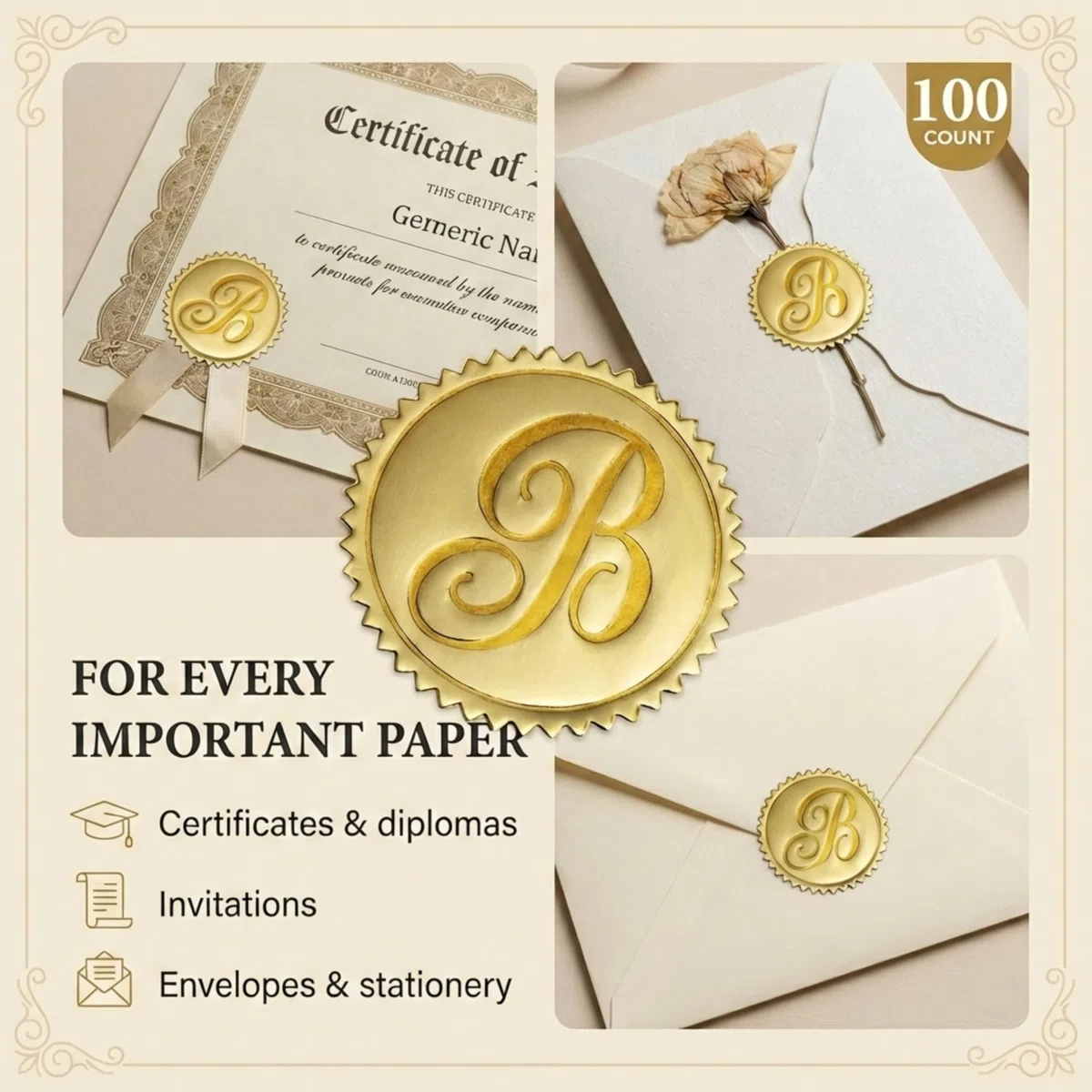 PaperDirect Gold Foil Letter B Monogram Sellos Accesorios sobre - Juego de 102
