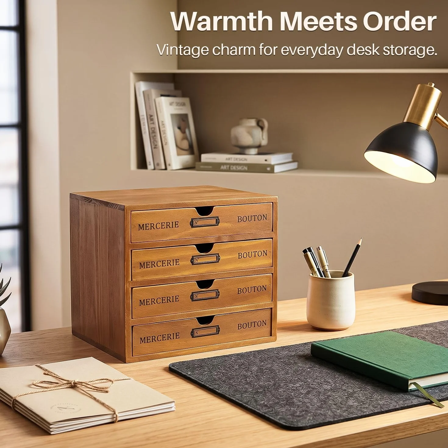 Flexzion Organizador de escritorio de madera con 4 cajones, gabinete de mesa de 4 niveles