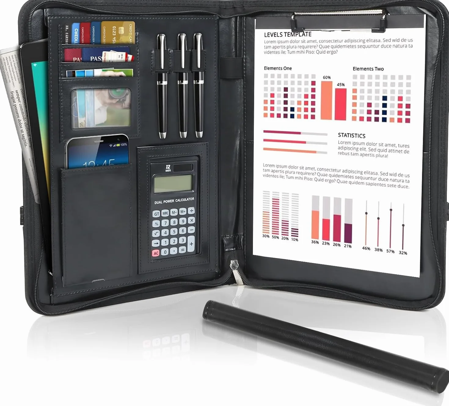 Cinnani Porta Documentos Grande con Calculadora, Portadocumentos A4 Carpeta Profesional, Asas Magnéticas Plegables, Portafolio Carteras de Viaje Cuero para Tarjetas/Plumas/Tableta y Smartphone, Negro