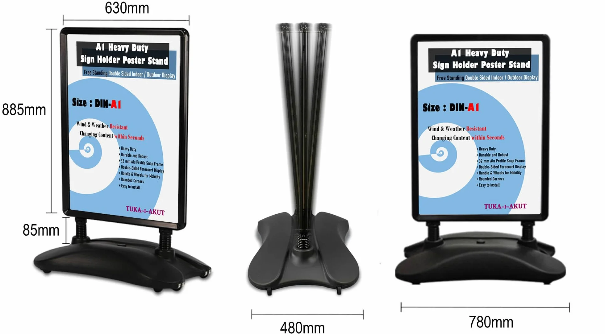 TUKA-i-AKUT DIN A1 Soporte para Carteles, Doble Cara, Robusto Expositor de Póster con Ruedas y Marco de Aluminio, Base Resistente, Soporte Publicitario Estable Interiores y Exteriores, TKD8425 Negro