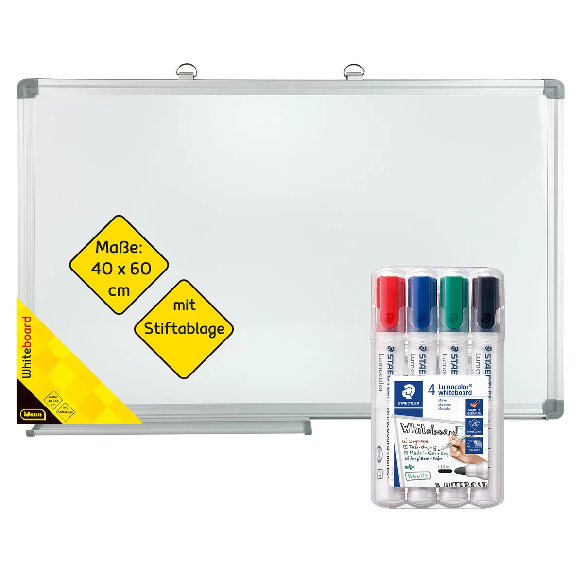 Idena 90882 - Pizarra blanca con bandeja para rotuladores, aprox. 60 x 40 cm, incl. 4 rotuladores STAEDTLER Lumocolor para pizarra blanca con punta redonda de aprox. 2 mm de ancho de trazo