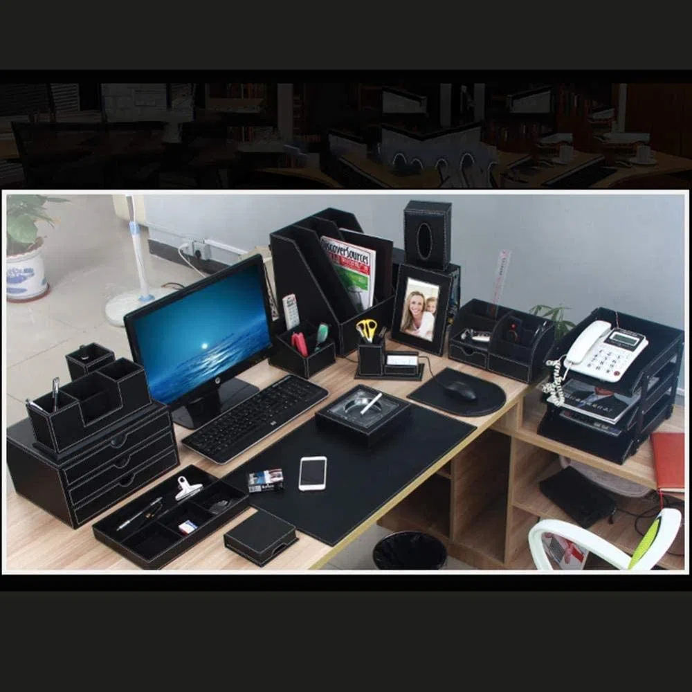 Organizador apilable de 3 niveles con acabado de piel sintética de madera en marrón y negro