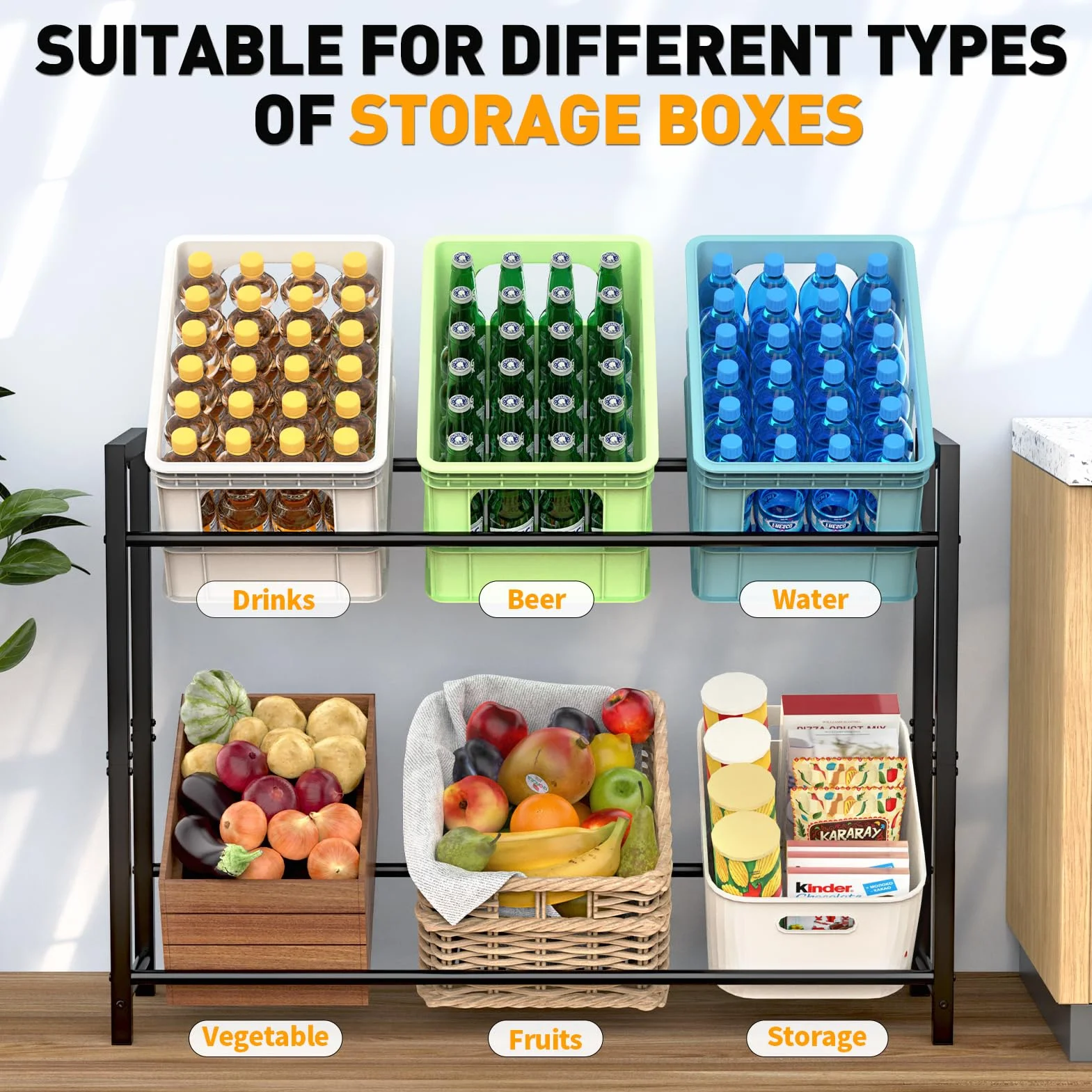 WELDUN Estantería para 6 cajas de bebidas, con 2 niveles para cerveza, frutas, verduras, agua, capacidad de carga 150 kg