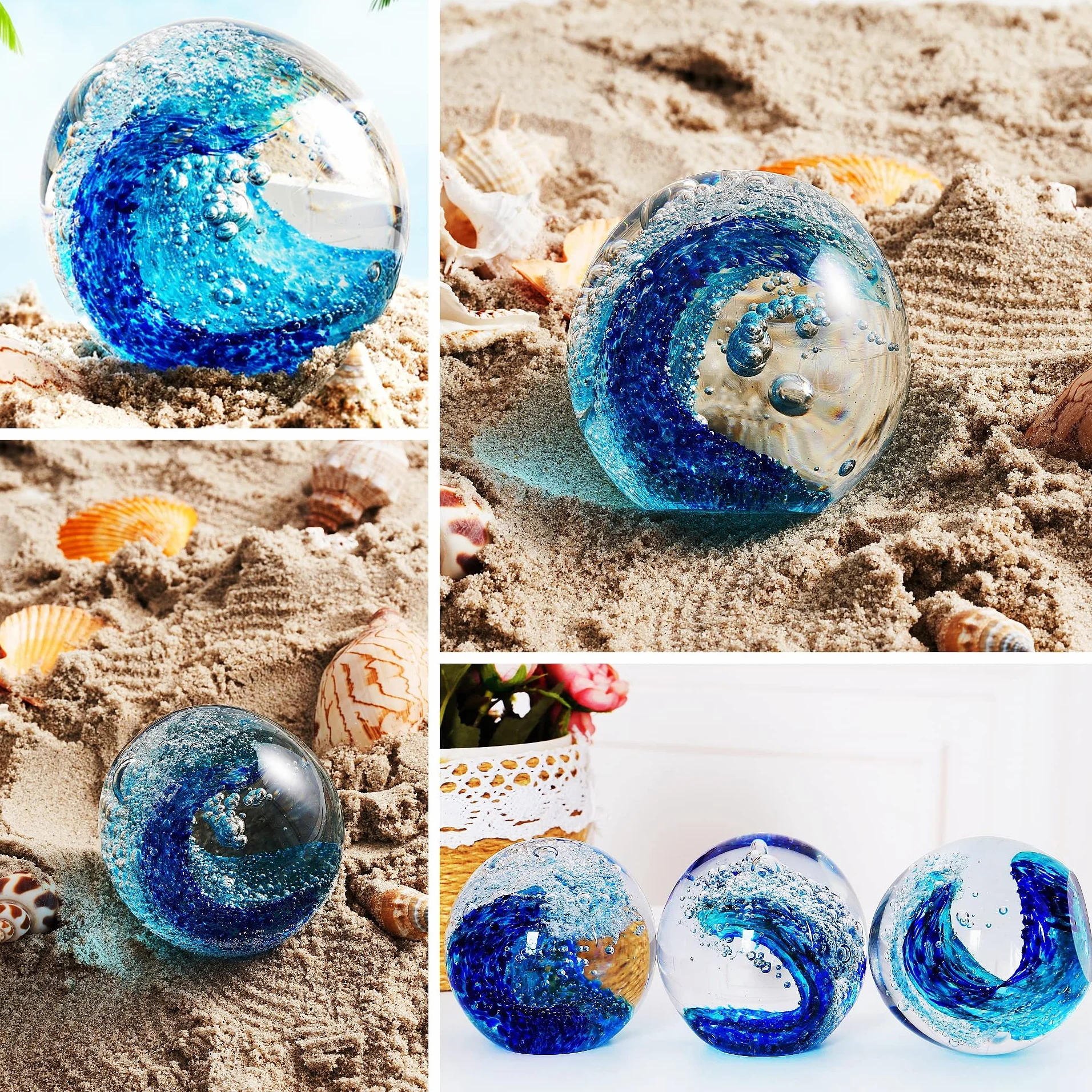 EUSTUMA Figura de vidrio, bola de olas del océano, pisapapeles de oficina, decoración del hogar y acuario, azul, moderno