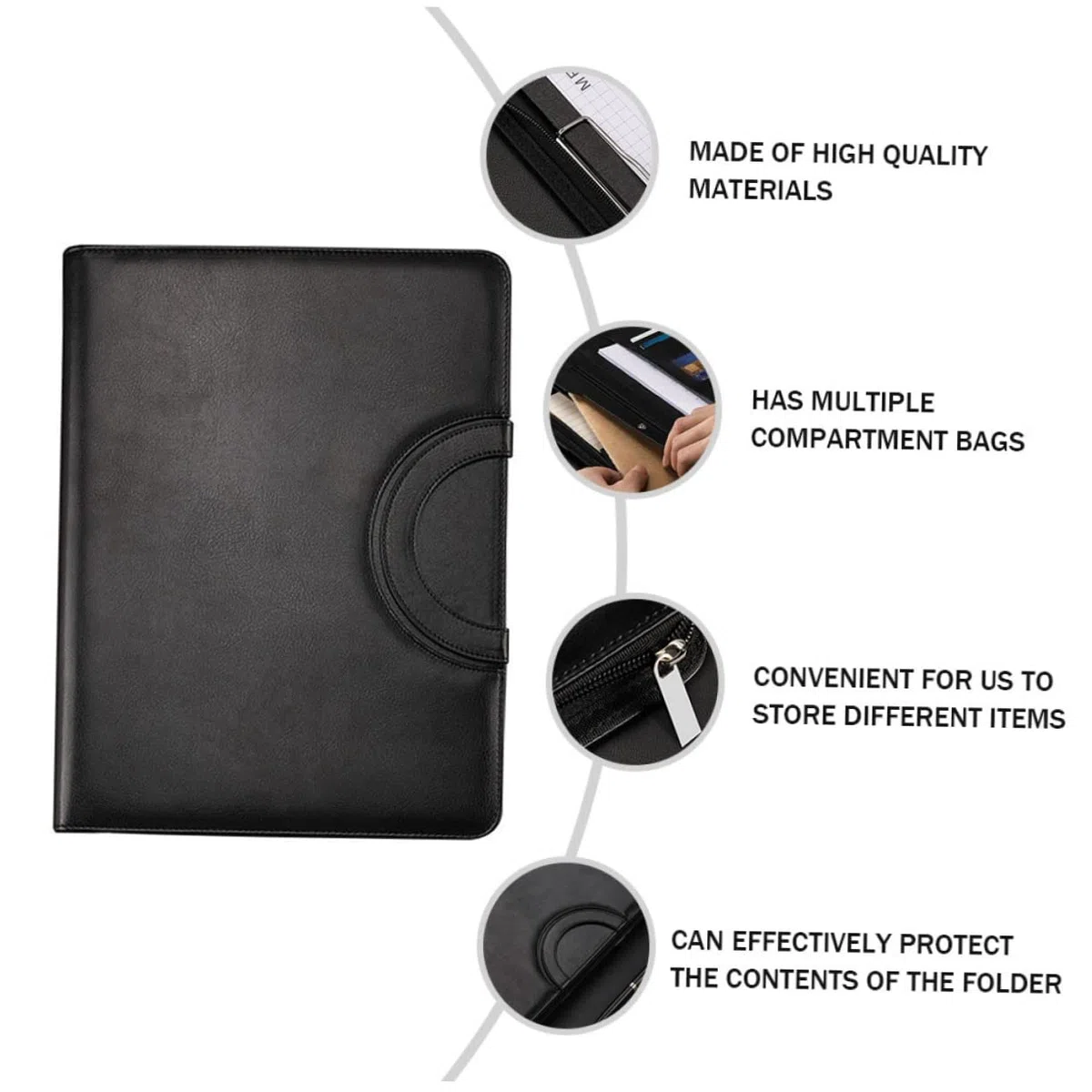 OSALADI Carpeta Portafolios con Cremallera A4 Negra de Pu para Negocios | Cuaderno A4 Incluido, Varios Compartimentos, Ligera y Elegante, Protege el Contenido y Facilita el Transporte