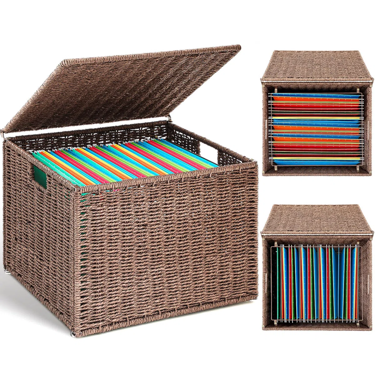 Caja de archivos decorativa extra grande de junco marino, organizadores colgantes para tamaño carta y legal, archivador colgante con tapa, caja de carpetas de documentos para decoración del hogar y la