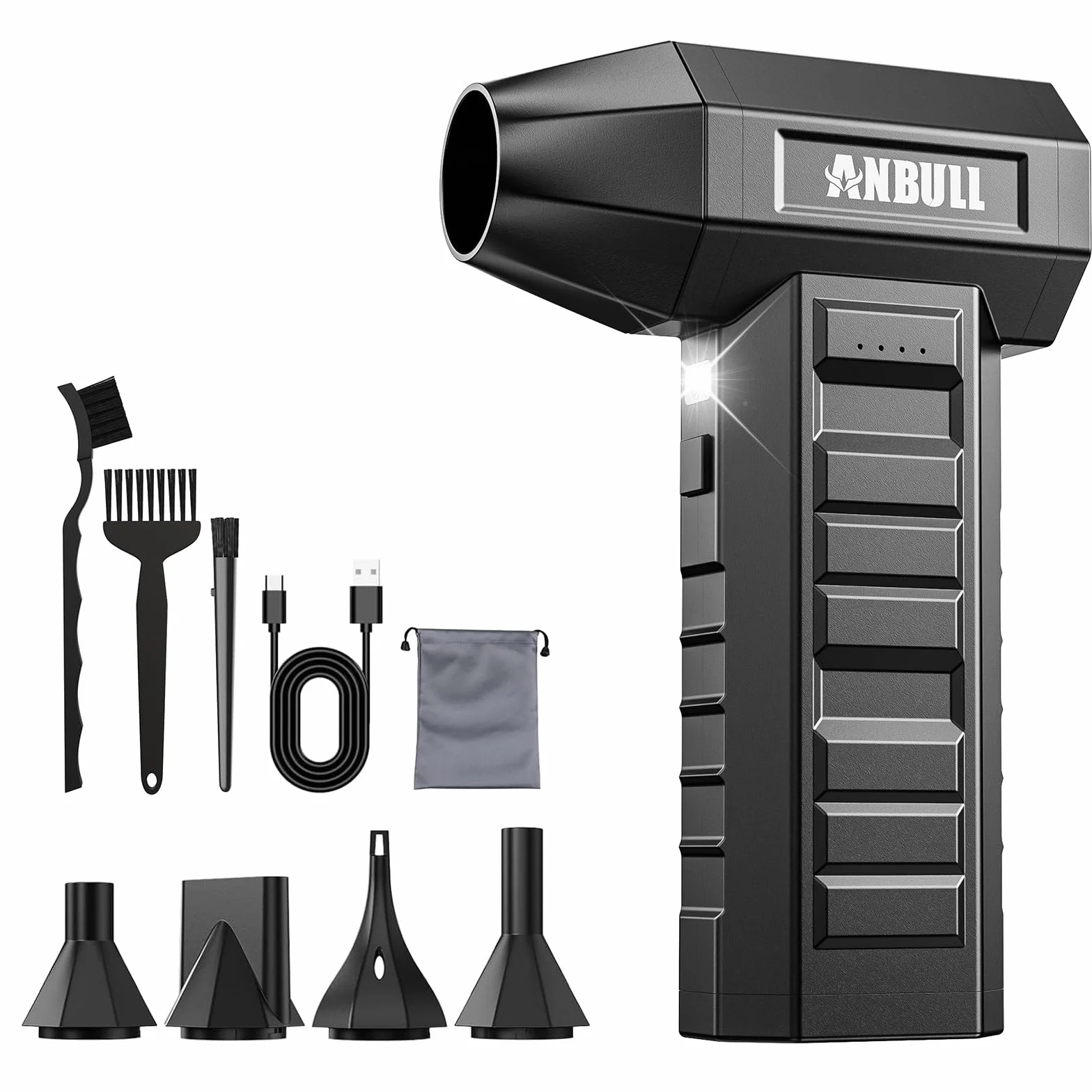 Anbull Soplador de Aire Potente 250.000 RPM, 9000 mAh Batería, Recargable USB-C e Inalámbrico, 4 Niveles de Potencia Ajustables con Linterna LED para PC, Teclado, Coche y Limpieza de Electrónicos