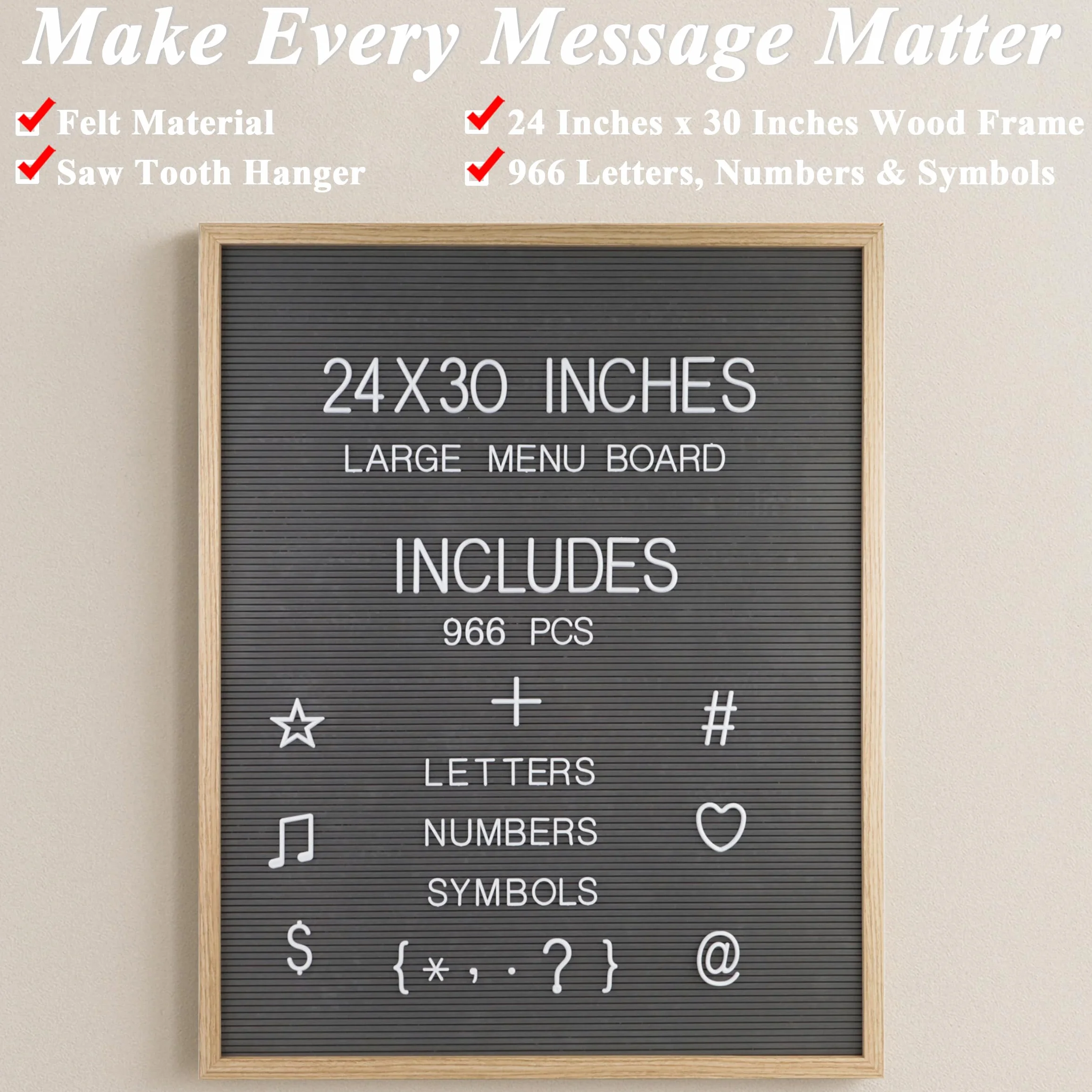 Tablero de fieltro grande de 24 x 30 pulgadas, tablero de fieltro gris con 966 letras precortadas, tableros de letras intercambiables para el hogar, oficina, eventos y aula, letrero montado en la