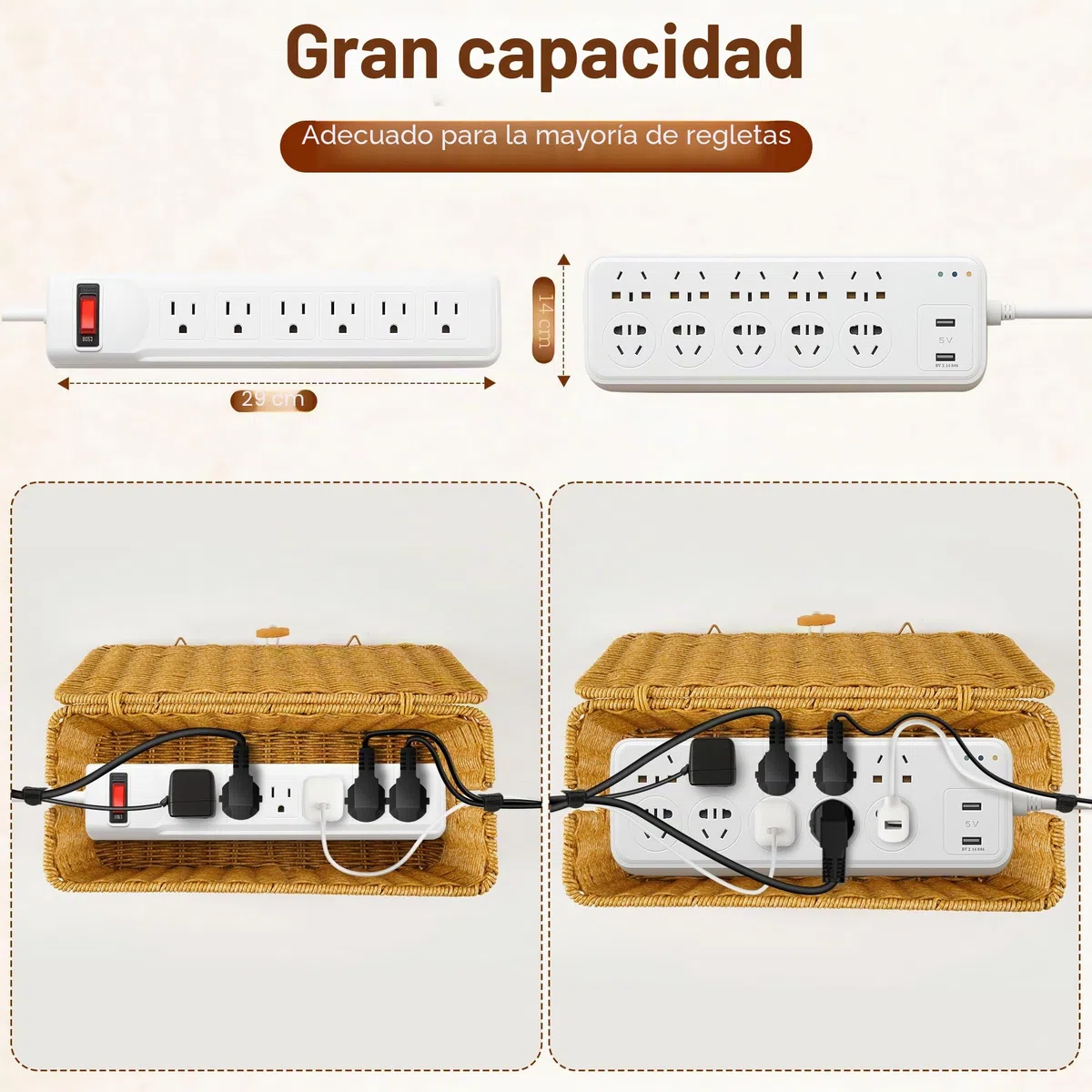 Gucass Juego de 2 Organizadora Cables de Ratán, Cajas Guarda Cables con Tapa, Caja para Cables con 10 Bridas, Organizador Cables Caja para Ocultar Regletas de Enchufes y Cables, para Oficina, Hogar