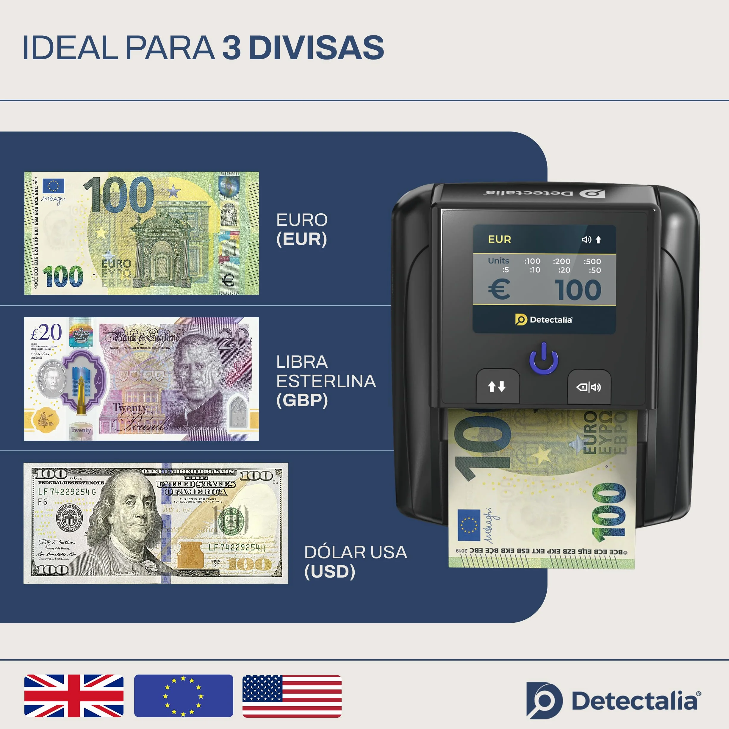 Detectalia D7T+ Detector de Billetes Falsos 5 Sistemas 3 Divisas EUR GBP USD Pantalla TFT
