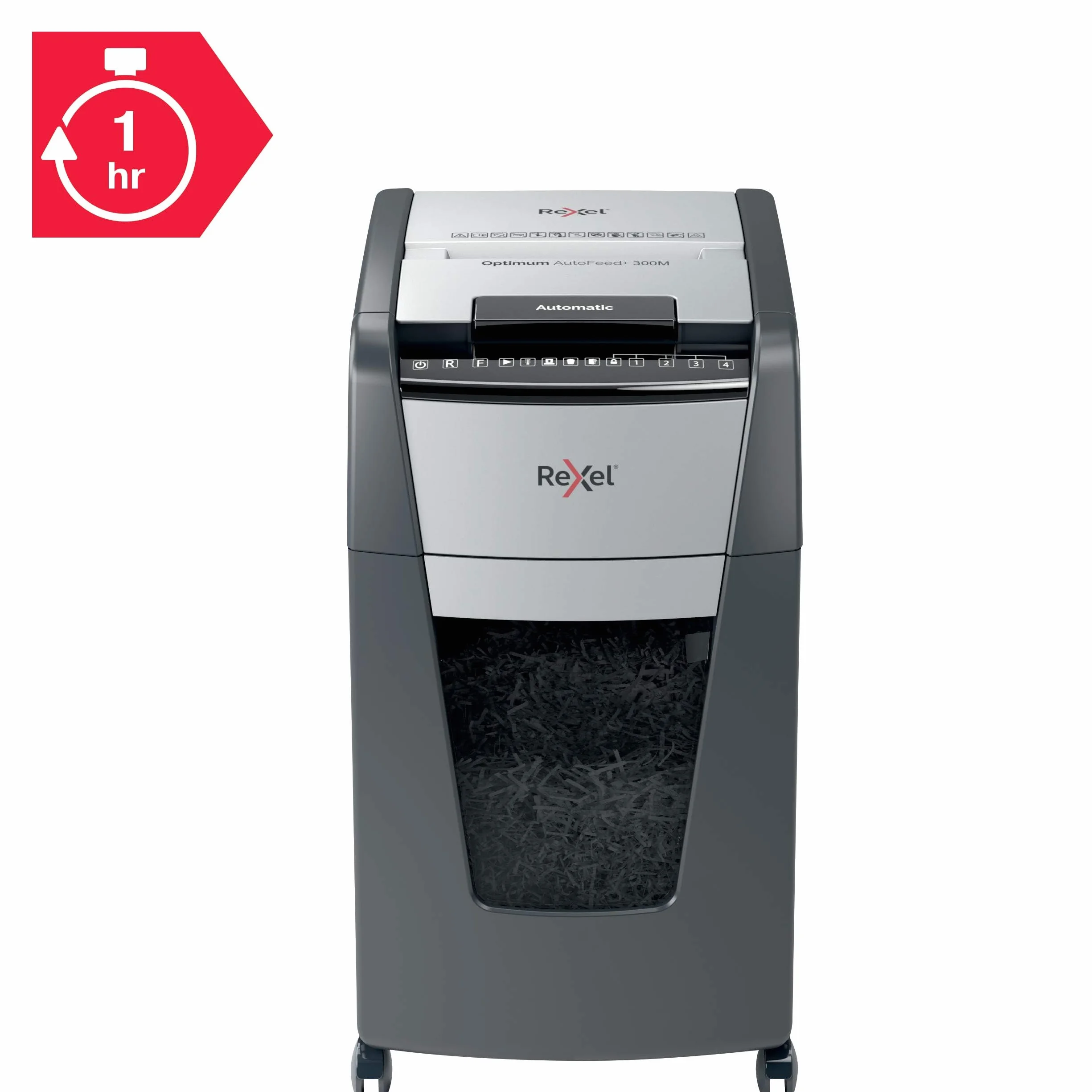 Rexel 2020300MEU - Destructora de Papel Automática Optimum AutoFeed 300M, Microcorte P-5 (2x15 mm), 300 Hojas A4, Papelera Extraíble 60L, Destruye Grapas y Clips, Uso en Oficina, Hasta 10 Usuarios