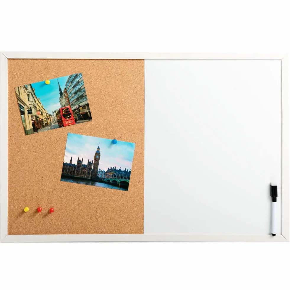 DOEWORKS 60 x 40cm Pizarra Mixta Pizarra Magnética Blanca & Tablón de Corcho, Tablero Combinado para Colgar, Tablero de Anuncios con Marco de Madera Blanco