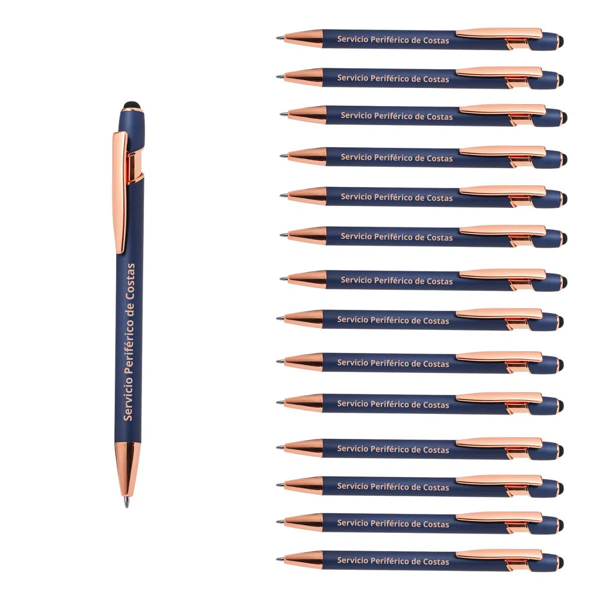 PROMO SHOP Pack 50 bolígrafos Personalizados con tu nombre o texto | Lorix Azul | Puntero para dispositivos móviles | Grabado a láser | Lote bolígrafos publicitarios, bodas, comuniones, merchandising
