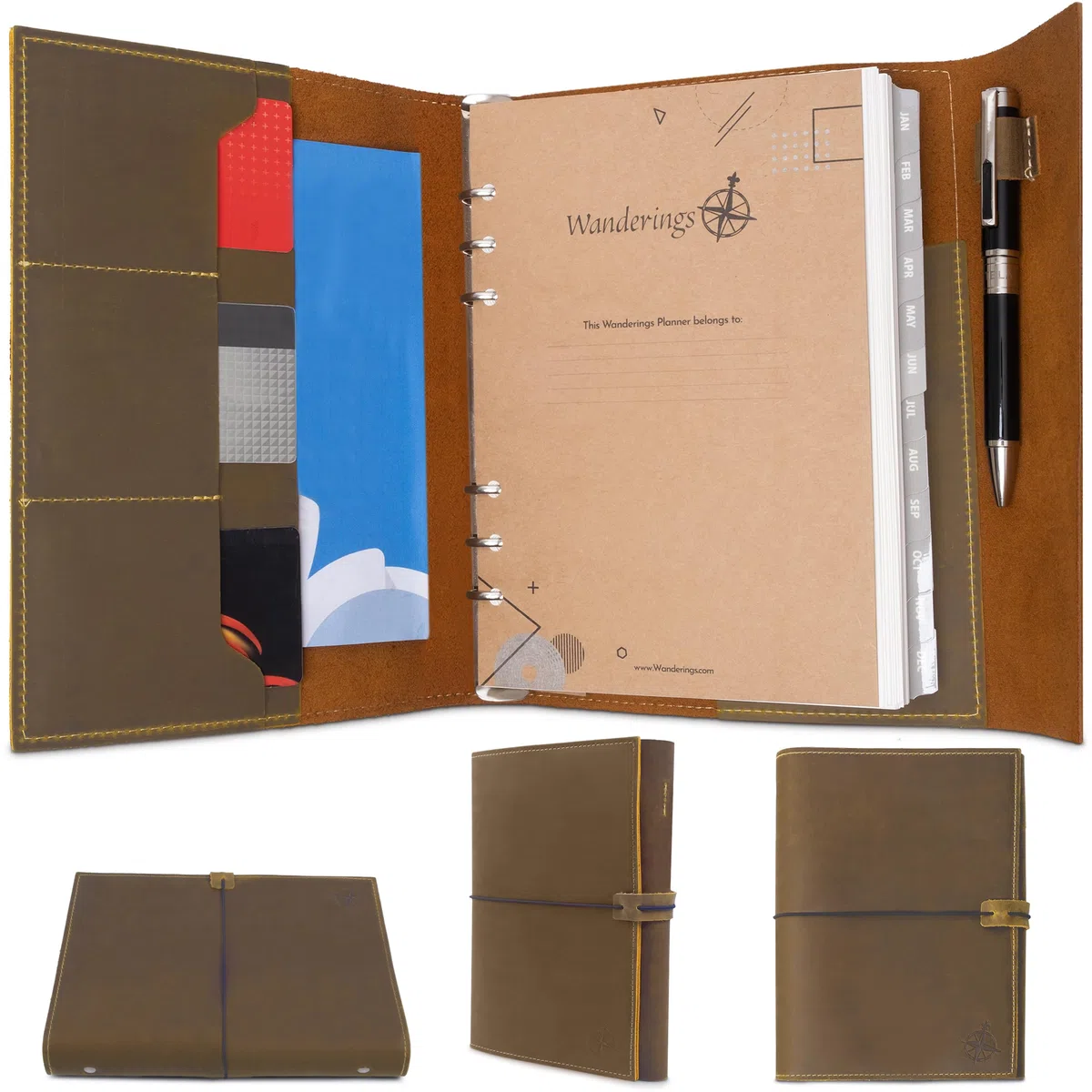 Wanderings Agenda A5 Cuero Anillas - Planificador Rellenable 6 Anillas, Bolsillos - Organizador Cuero Genuino Hecho a Mano - Filofax. Calendario Semanal/Mensual 2026/27-15x22cm