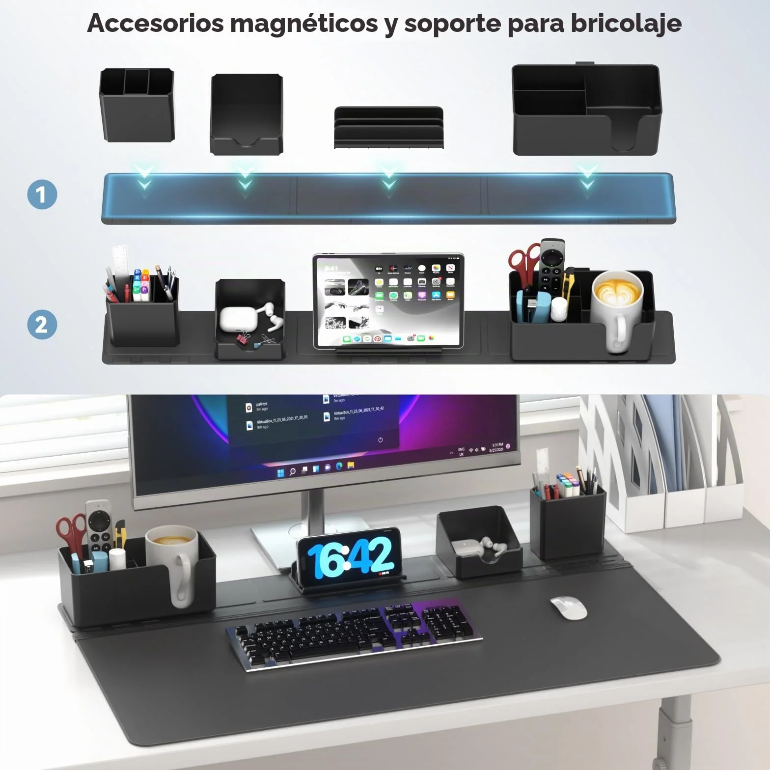 KDD Almohadilla Escritorio Grande con Set de Organizador Magnético, 5 en 1 Alfombrilla Ratón XXL & Mouse Pad Gaming con Teléfono/Portavasos/Portabolígrafos/Tarjetero DIY Oficina Hogar(80x34.5cm)