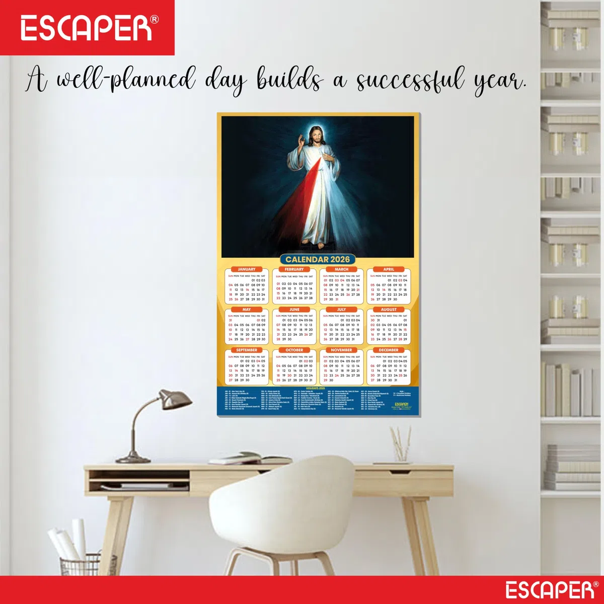 ESCAPER Calendario de pared de Jesús 2026, calendario cristiano laminado de 12 x 18 pulgadas, día festivo indio, decoración religiosa de Isa Masih para el hogar y la oficina