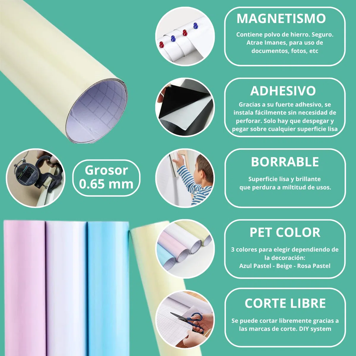 Pizarra magnetica pared – Rollo pizarra adhesiva de diseño moderno y funcional – Pizarra grande fácil de instalar para cocina, estudio u oficina doméstica (120 X 60 BEIGE)
