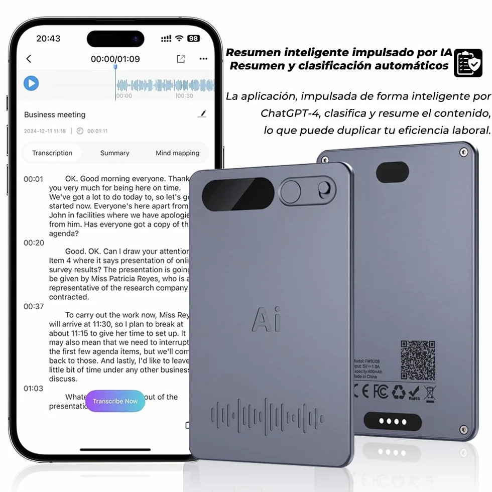 Grabadora de Voz Espía con Estuche Negro, Transcripción y Resumen IA, Soporte Multilingüe, App, 64 GB