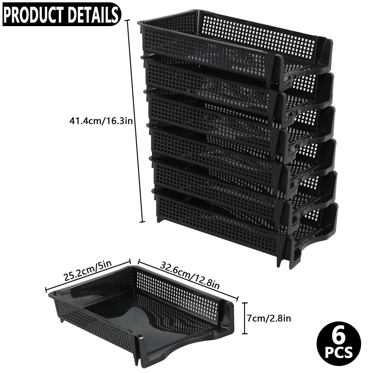 Bandejas de plástico para cartas de oficina de 6 niveles, bandeja organizadora de papel A4 de escritorio, bandejas apilables negras