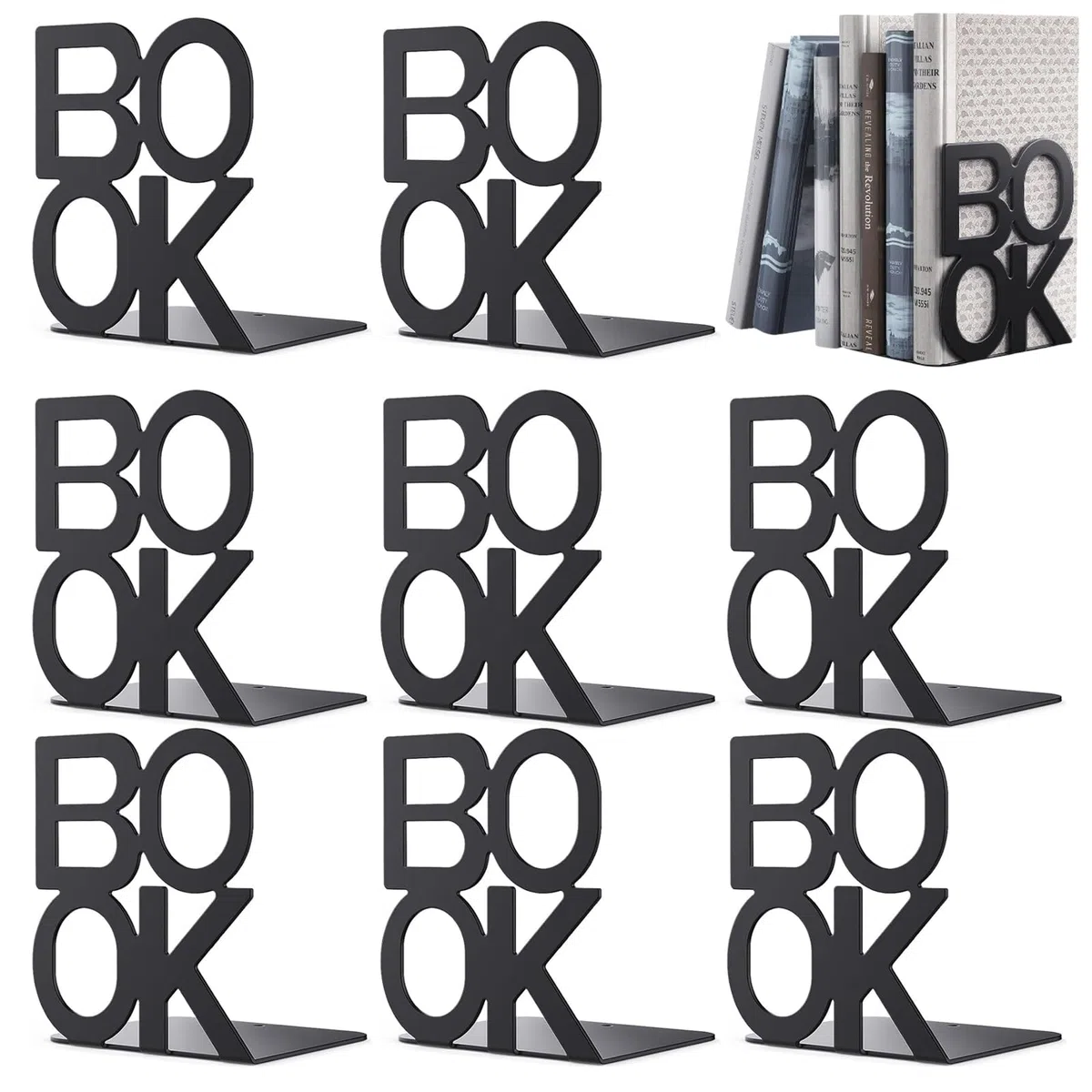 4 Pare Sujetalibros de Metal Sujeta Libros Estanteria Metálicos Antideslizantes Soporte Libros Estante Organizador Libros para Hogar Oficina Escuelas Biblioteca (Negro)
