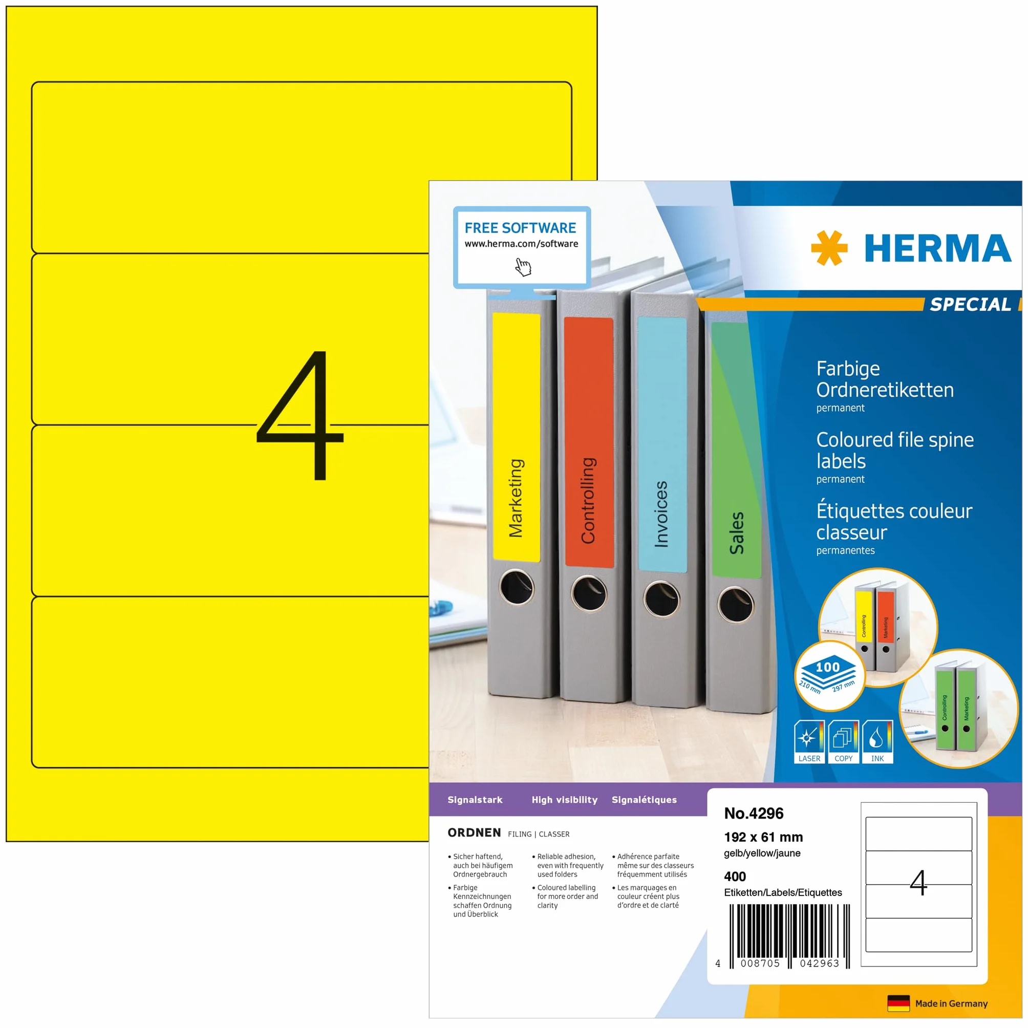 Herma Special - Etiquetas para carpetas archivadoras (192 x 61 mm, 400 unidades), amarillo