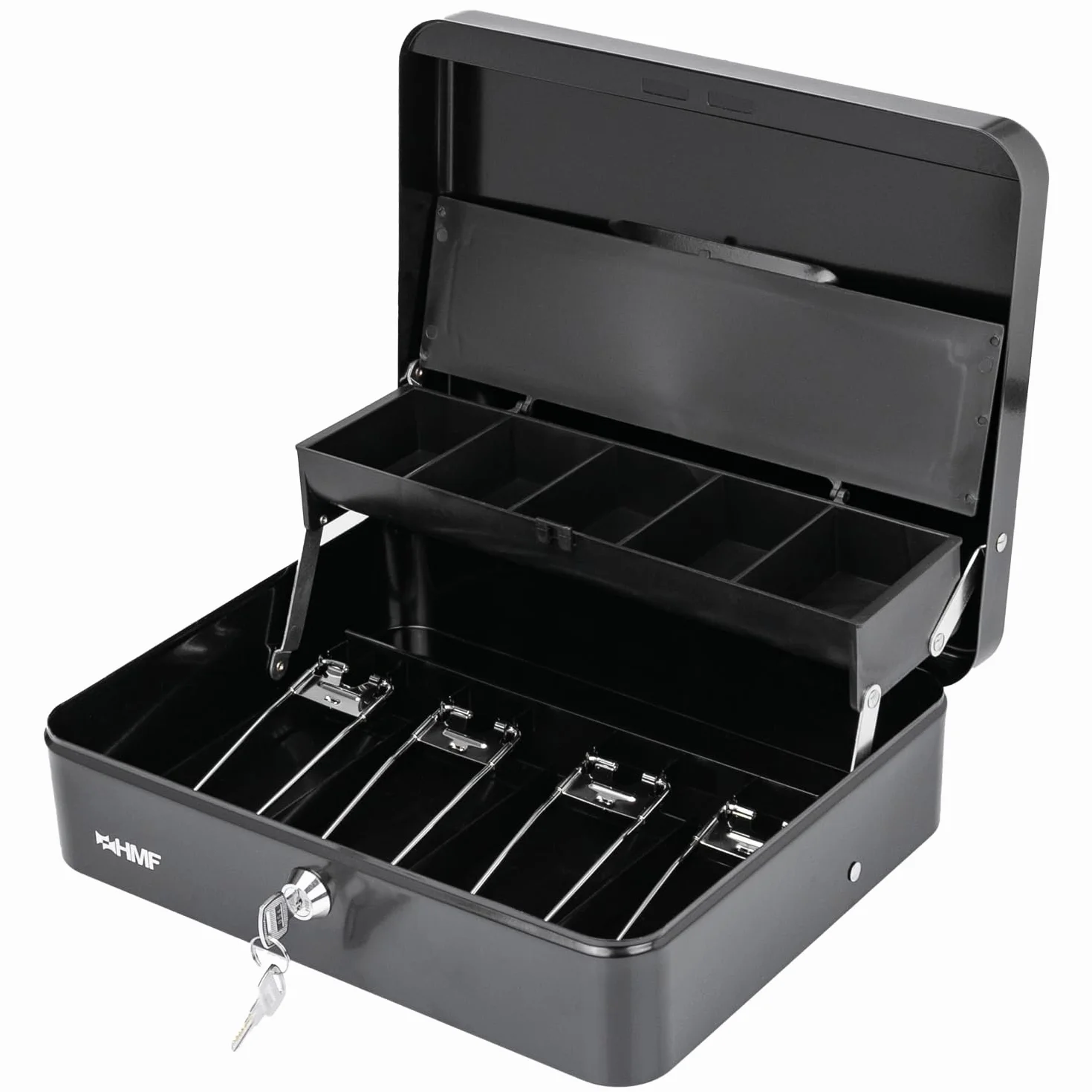 HMF 15230-02 - Caja de caudales con cerradura con compartimento para monedas y 4 compartimentos para billetes con pinza | 30 x 24 x 9 cm | Negro