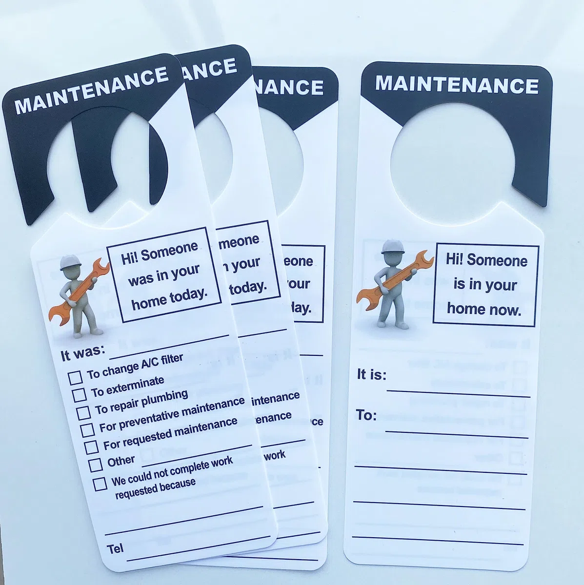 3.5 x 9.5 pulgadas, 100 paquetes de etiquetas de mantenimiento para gestión de propiedades, alquileres de apartamentos para puerta, diseño de agujero grande, etiquetas de plástico