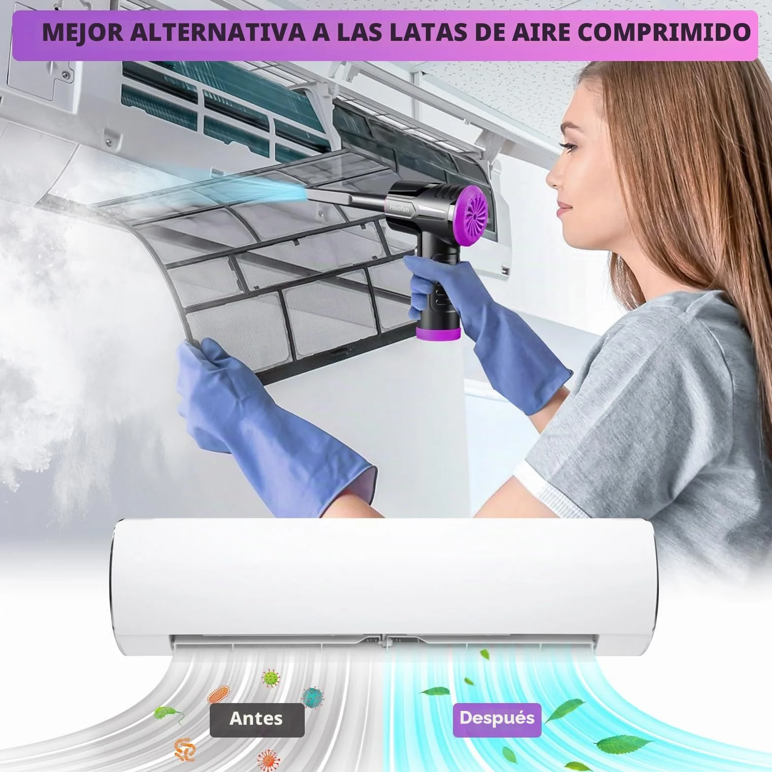 Hoofun Soplador de Polvo Eléctrico y Aspirador 2 en 1, 100000 RPM, 10Kpa Soplador Aspirador Portatil, 3 Velocidades Soplador Aire Comprimido Sin Cable con LED para PC, Sofá, Coches, Hogar 7600 m Ah