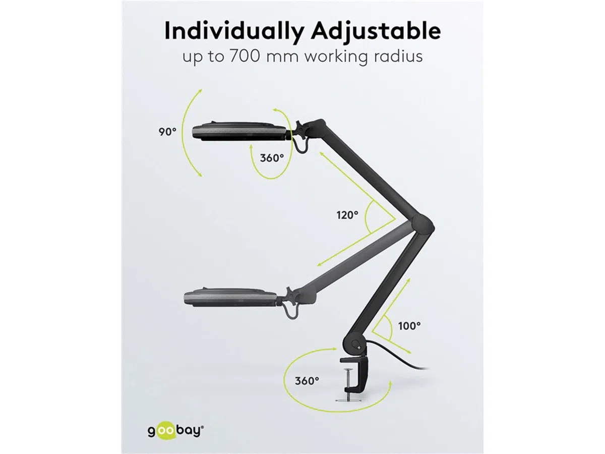 goobay 64988 Lámpara aumento LED 9W 730lm/ pinza/lente cristal 127mm 1,75 aumentos lupa trabajo cosmética, soldadura, manualidades, leer/brazo articulado/lámpara sobremesa