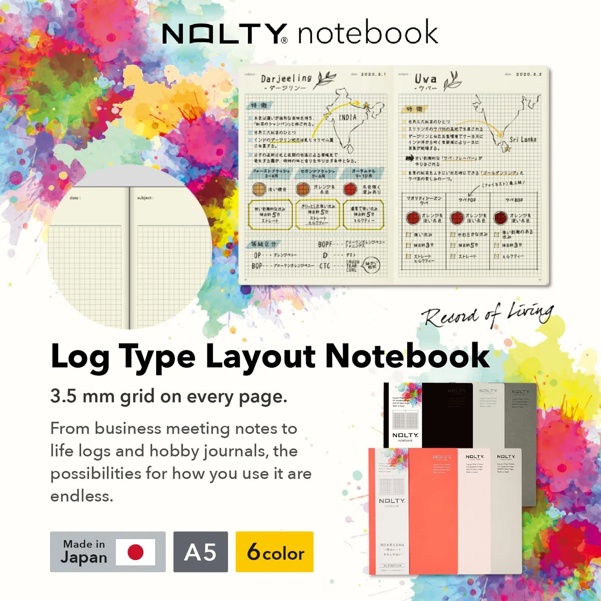 NOLTY Cuaderno A5, cuadrícula de 3,5 mm, 176 páginas, fabricado en Japón, color rosa